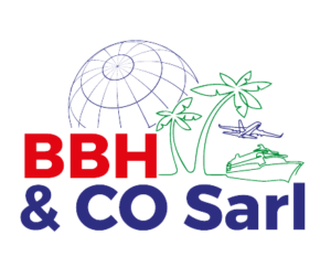 Colorful logo with globe and palm trees. It is a company that offers Port and Airport Assistance Douala